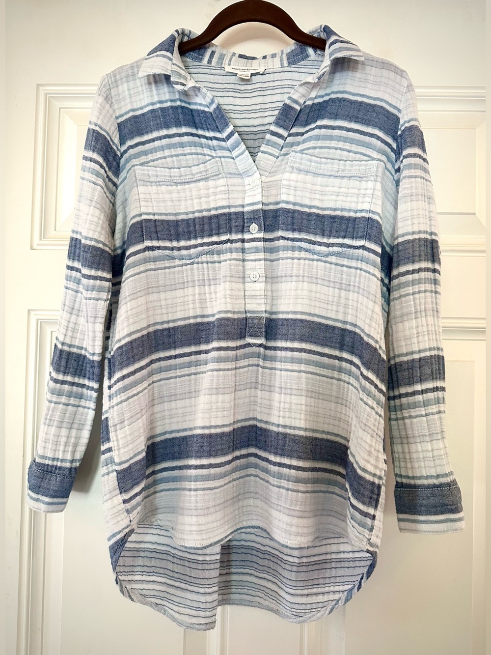 Beachlunchlounge 100% Cotton White/Blue Striped Gauze Popover Tunic XS